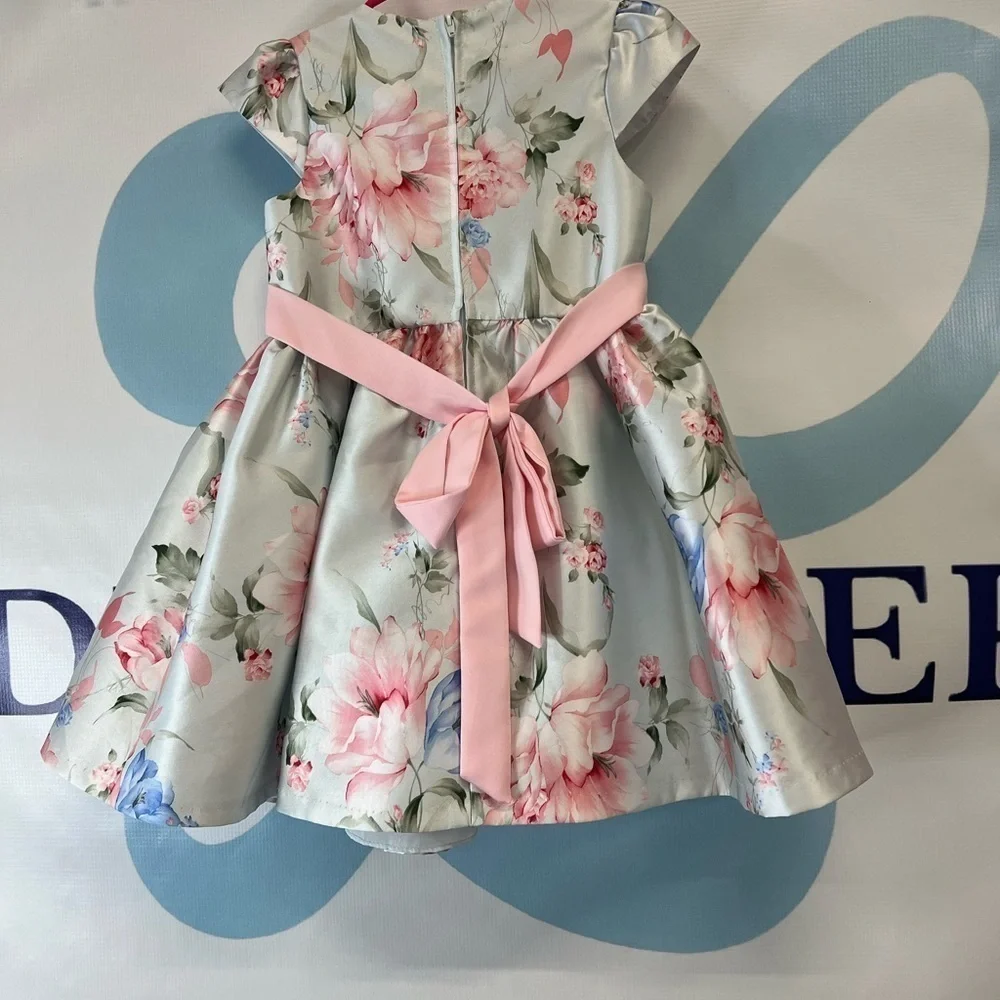 Rare Editions Girls flowery short sleeve dress with front bow and back bow - Picture 9 of 9